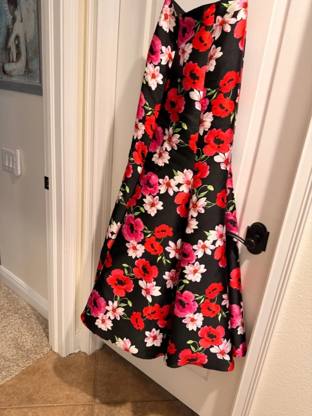 Floral Maxi Skirt in Black with Red & Pink Blooms - Picture 1 of 6